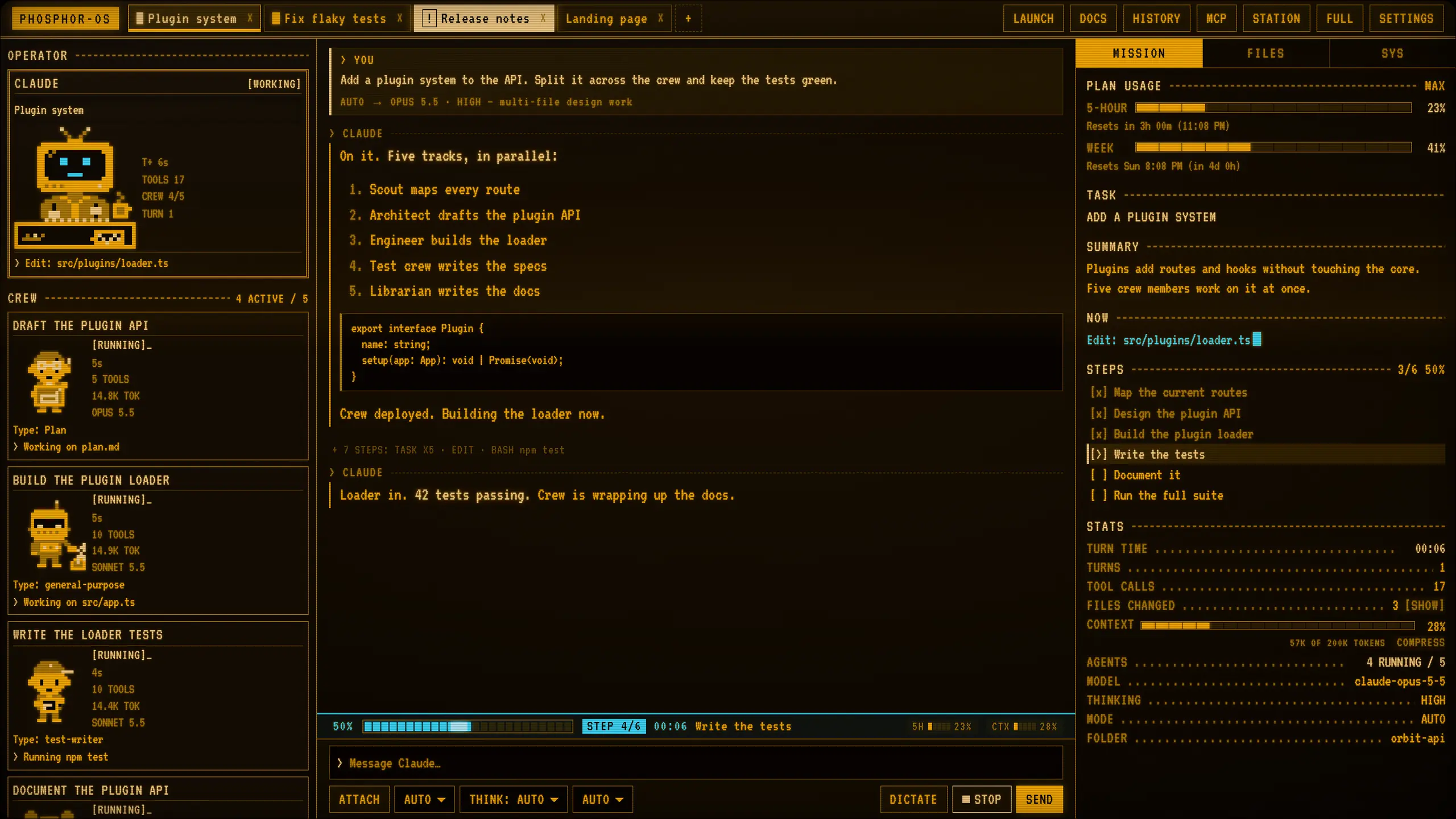 The whole Phosphor-OS window: chat tabs and buttons on top, the operator and crew cards on the left, the chat in the middle, and on the right the mission panel with plan usage, task, summary, what it is doing now and the steps ahead.